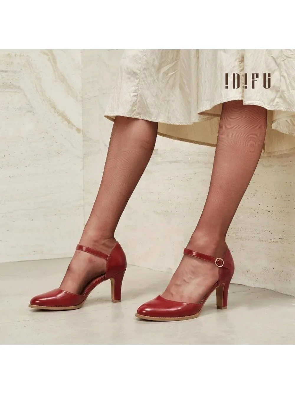 Women's NL Red Pu Closed Toe Chunky High Heel Comfortable Party Dress Pump Shoes